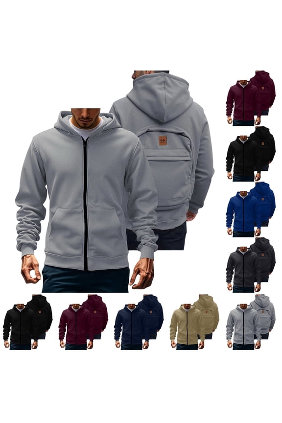 Mens Backpack Hoodie Full Zipper Long Sleeve Creative Hoodies Casual Travel Hooded Sweatshirts with Backpack Khaki XXL