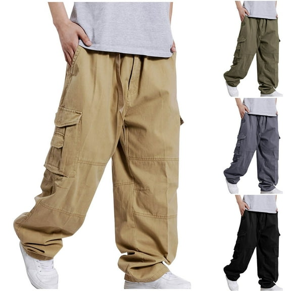 DDAPJ pyju Mens Baggy Cargo Pants Cotton Ripstop Work Pants Drawstring Waist Casual Street Pants Hip Hop Parachute Pants with Multi Pockets Black M