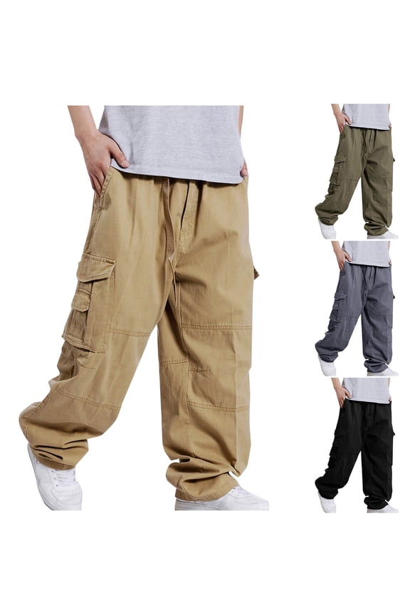 Mens Baggy Cargo Pants Cotton Ripstop Work Pants Drawstring Waist Casual Street Pants Hip Hop Parachute Pants with Multi Pockets Black XXXL