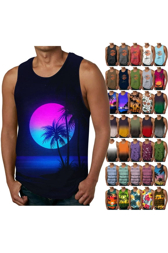 Mens Beach Tank Tops,Palm Tree Tanks Tops for Mens Cool Printed Graphic Sleeveless Tank Top Muscle Shirt for Workout Gym Jogging
