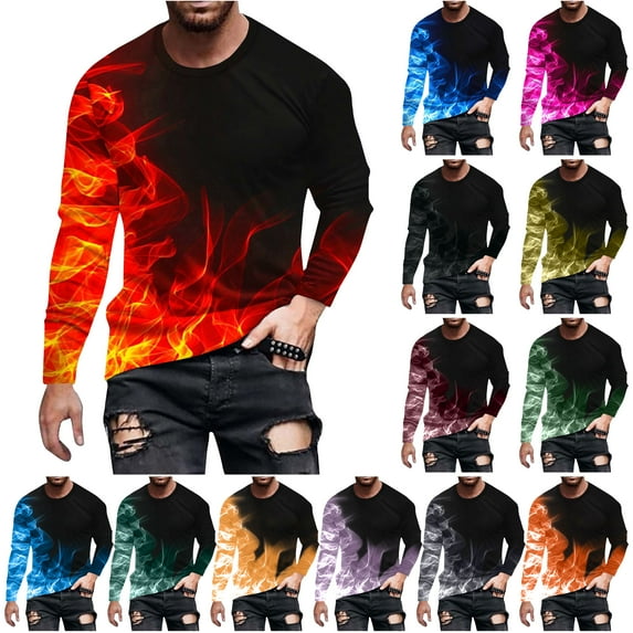 DDAPJ pyju Mens Big and Tall T Shirts Novelty 3D Flame Print Long Sleeve Tee Shirt Loose Fit Crewneck Casual Athletic Tops Gold S