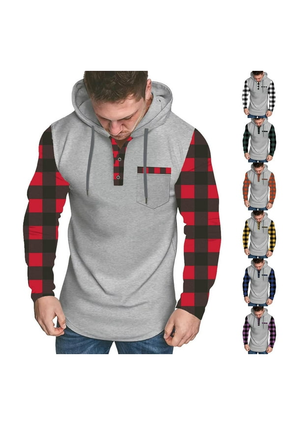 Mens Button Collar Hoodie Plaid Patchwork Long Sleeve Drawstring Hooded Sweatshirt Trendy Casual Pullover Tops Army Green XL