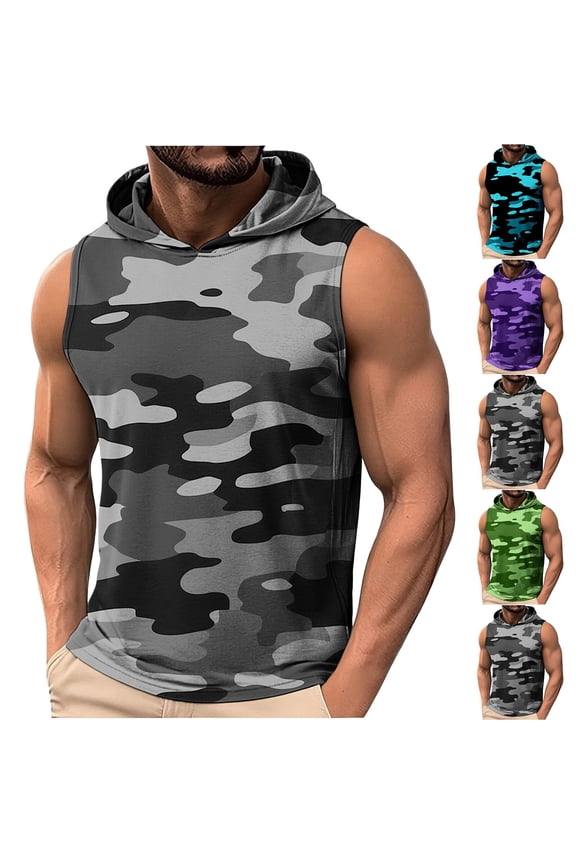 Mens Camo Printed Hooded Tank Top Sleeveless Hoodies Lightweight Casual Gym Workout Shirts Cooling Muscle Tee Shirt Black XXL