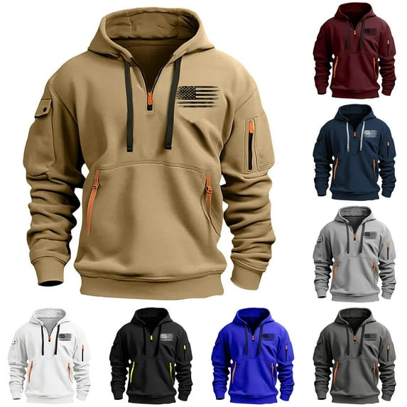DDAPJ pyju Mens Cargo Hoodies Quarter Zip Tactical Pullover American Flag Print Long Sleeve Drawstring Hooded Sweatshirt Kangaroo Pocket Patriotic Casual Hoodie Navy S