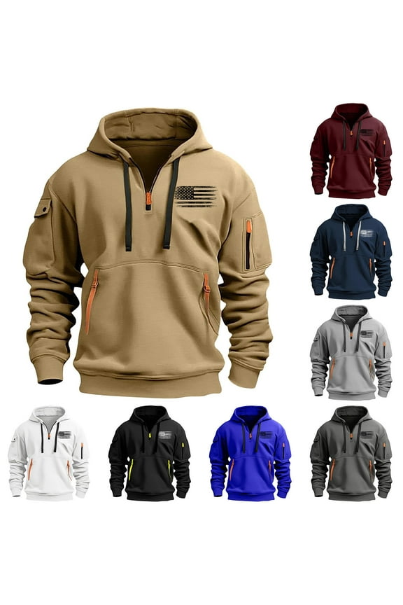 Mens Cargo Hoodies Quarter Zip Tactical Pullover American Flag Print Long Sleeve Drawstring Hooded Sweatshirt Kangaroo Pocket Patriotic Casual Hoodie Wine XL