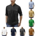 thumbnail image 1 of DDAPJ pyju Mens Cargo Work Shirt Rolled Up Long Sleeve Band Collar T-Shirt Lightweight Collarless Linen Shirts with 2 Pockets Black M, 1 of 7