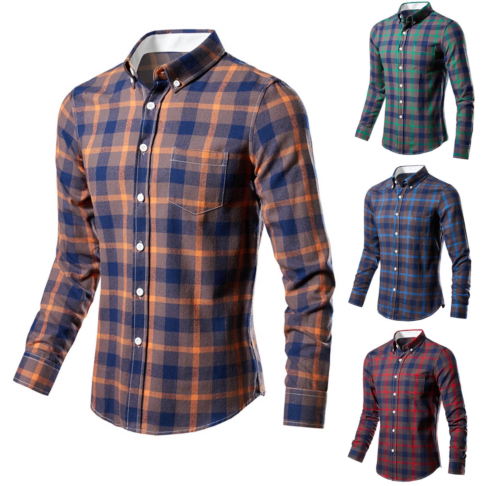 DDAPJ pyju Mens Casual Button Down Shirts Cotton Long Sleeve Plaid ...