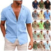 DDAPJ PYJU Mens Casual Button Down Shirts Short Sleeve Regular Fit Untucked Dress Shirts Solid Spread Collar Summer Beach Shirts Lightweight Vacation Tops Blue L