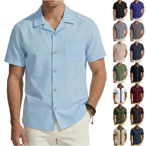 DDAPJ pyju Cotton Linen Shirts for Men Short Sleeve Casual Button Down Shirt Cool Summer Beach Wedding Vacation Tops A-Navy XXL