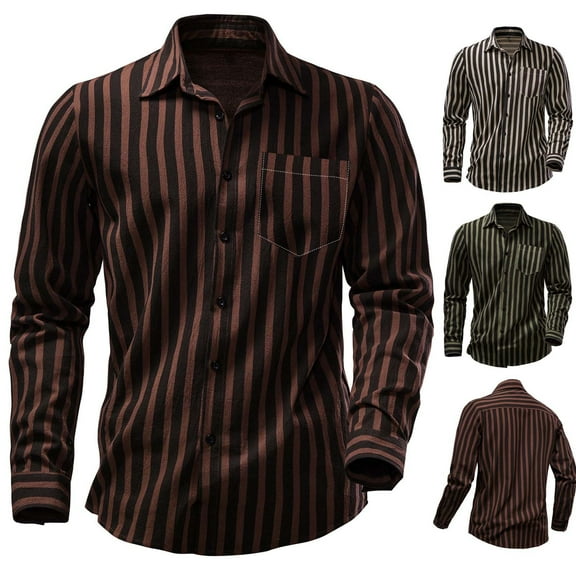 DDAPJ pyju Mens Casual Dress Shirt Long Sleeve Striped Button Down Shirts Regular Fit Untucked Shirt with Pocket Coffee L