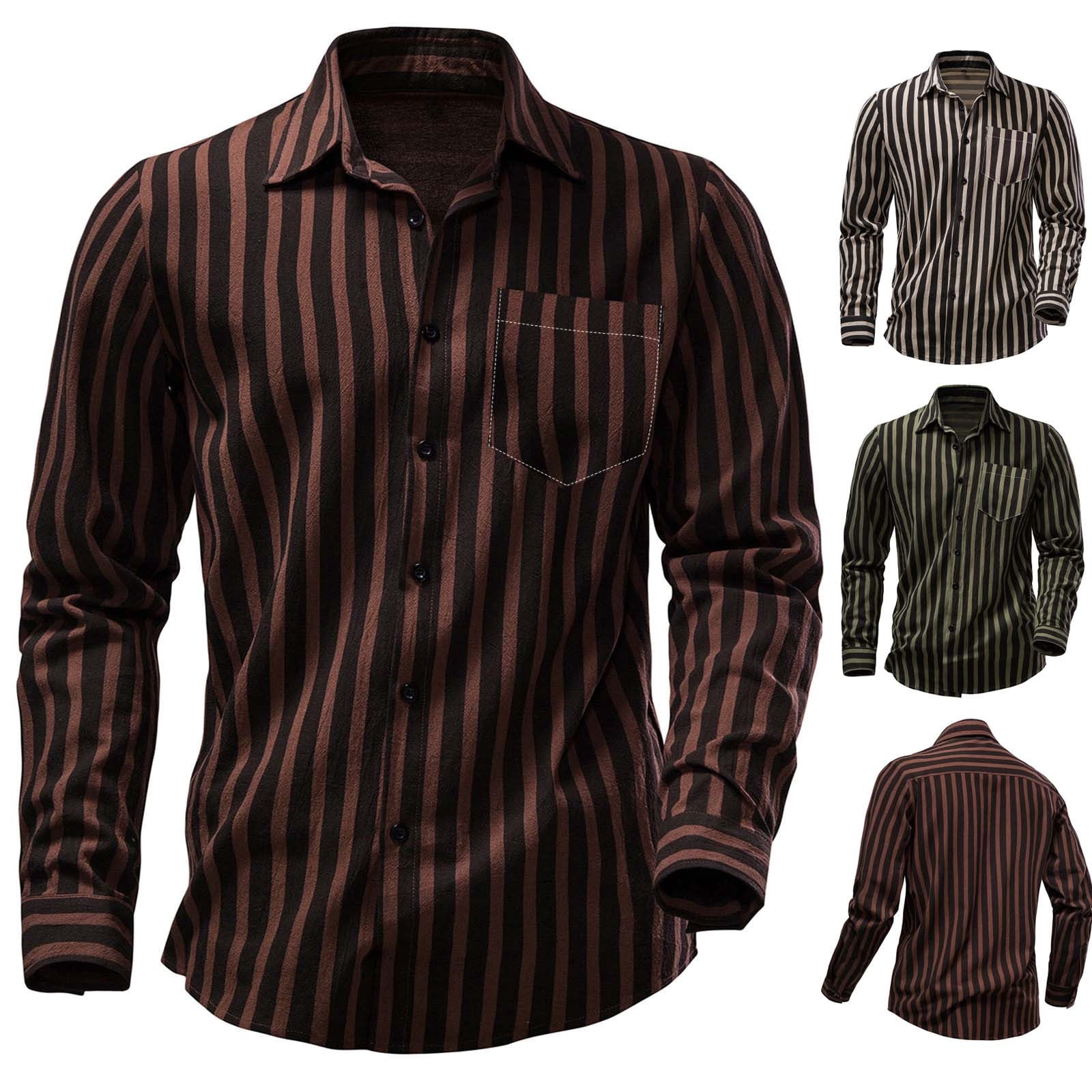 DDAPJ pyju Mens Casual Dress Shirt Long Sleeve Striped Button Down ...