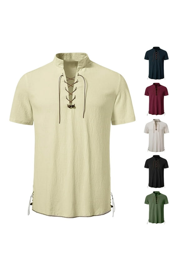 Mens Casual Henley Shirts Lace Up Short Sleeve Summer Beach Hippie V Neck Top Renaissance Pirate Shirt Liquidación Rebajas Hoy Black S