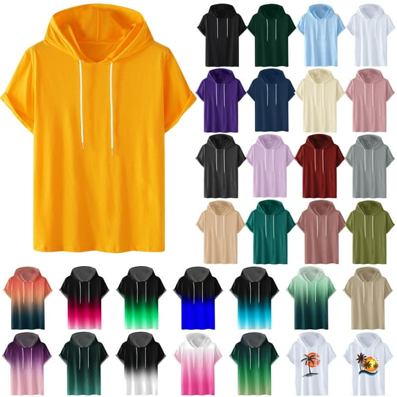 DDAPJ pyju Mens Casual Hooded T-shirt Gradient Color Printed Short Sleeve Hoodies Loose Fit Athletic Sweatshirt Green S
