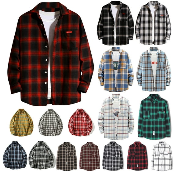 DDAPJ pyju Mens Casual Long Sleeve Button Down Shirts Flannel Plaid Shirt Fall Winter Lightweight Lapel Outwear Jackets with Pocket Red XXXL