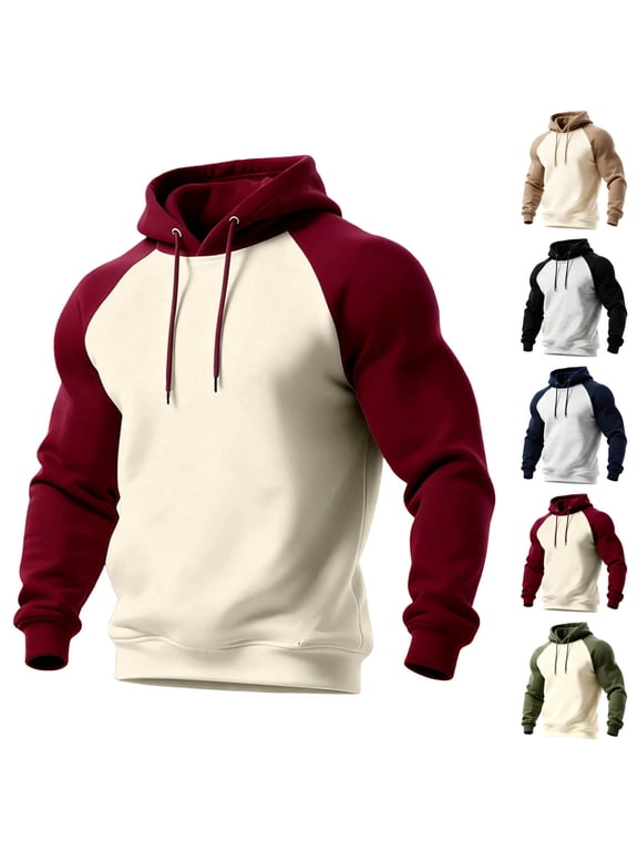Mens Color Block Pullover Hoodie Raglan Long Sleeve Drawstring Hooded Sweatshirt Fall Winter Casual Hoodie Sweatshirts Red XXL