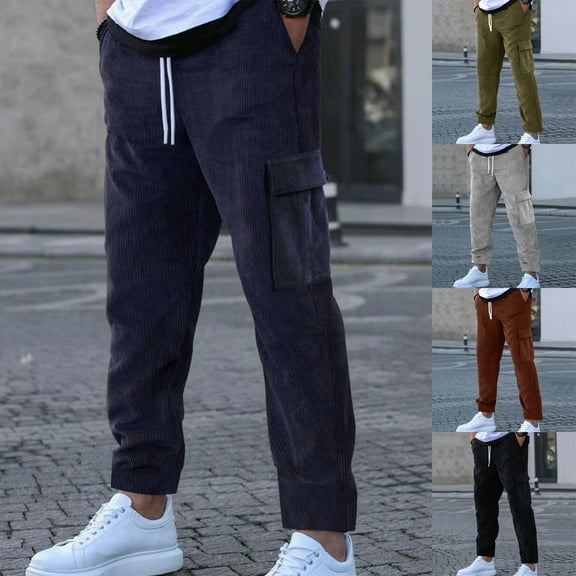DDAPJ pyju Mens Corduroy Pants Drawstring Cargo Work Pants Casual Hiking Trousers with Multi Pockets Navy XL