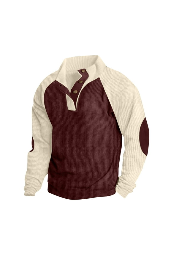 Mens Corduroy Shirt 1/4 Button Up Stand Collar Pullover Long Sleeve Mock Neck Sweaters Vintage Cargo Sweatshirts with Elbow Patches Wine L