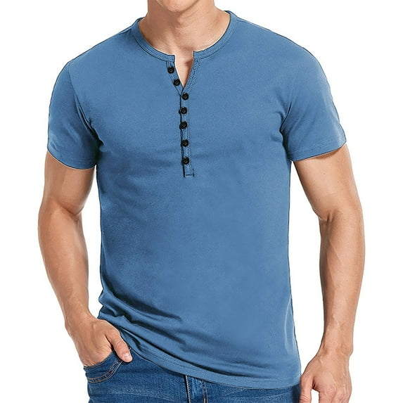 DDAPJ pyju Mens Cotton Henley Shirts Short Sleeve Crewneck Button T-shirt Solid Color Collarless Casual Workout Tee Lightweight Summer Basic Tees Blue S