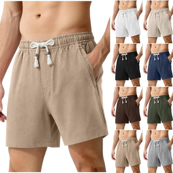 DDAPJ pyju Mens Cotton Linen Baggy Shorts Drawstring Elastic Waist Summer Beach Shorts Lightweight Breathable Lounge Cruise Vacation Shorts with Pockets Khaki L