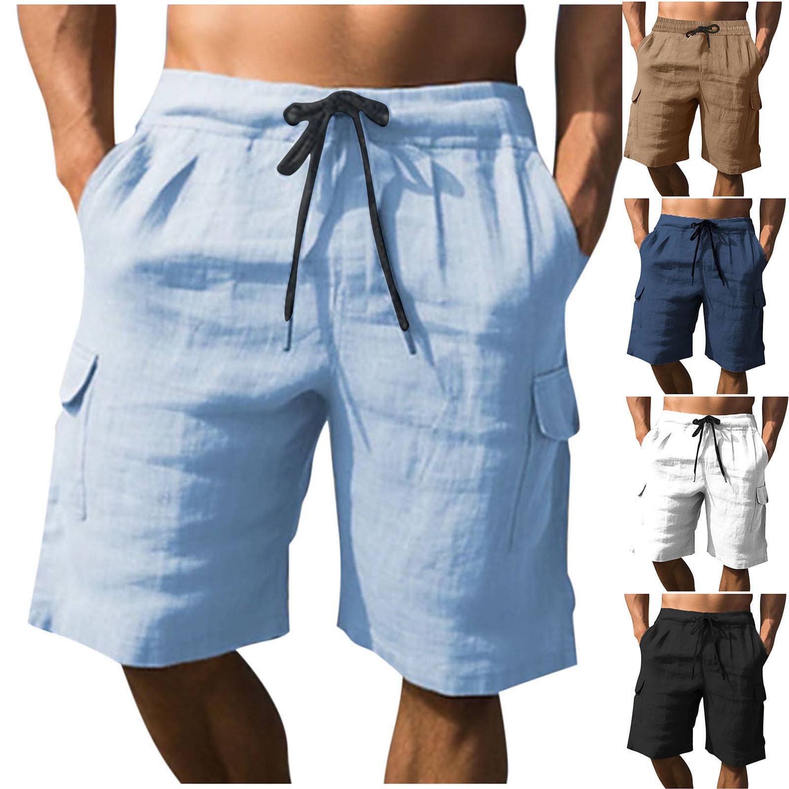DDAPJ pyju Mens Cotton Linen Cargo Shorts Elastic Waist Drawstring ...