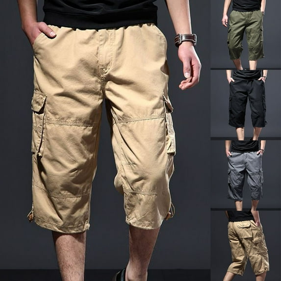 DDAPJ pyju Mens Cotton Ripstop Cargo Shorts Elastic Waist Casual Bermuda Shorts Big and Tall Below The Knee Shorts Relaxed Fit 3/4 Long Shorts with Pockets Sales of the Day Khaki XXXXL