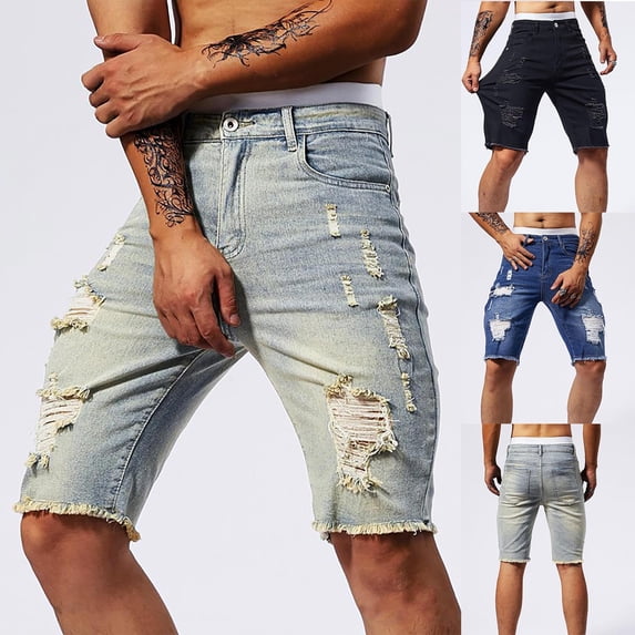 DDAPJ pyju Mens Denim Shorts Summer Slim Casual Solid Shorts Stretch Washed Distressed Jeans Shorts with Pockets Blue 29