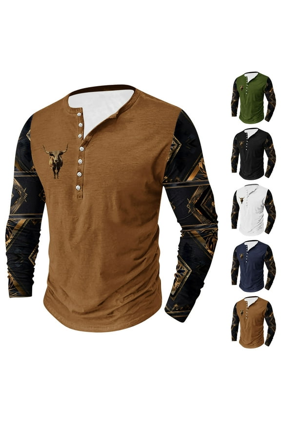 Mens Distressed Henley Shirts Western Aztec Printed Patchwork Long Sleeve Button T-shirt Big and Tall Retro Viking Tops Lightweight Collarless Shirt Navy L