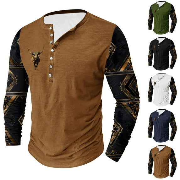 DDAPJ pyju Mens Distressed Henley Shirts Western Aztec Printed Patchwork Long Sleeve Button T-shirt Big and Tall Retro Viking Tops Lightweight Collarless Shirt Green S