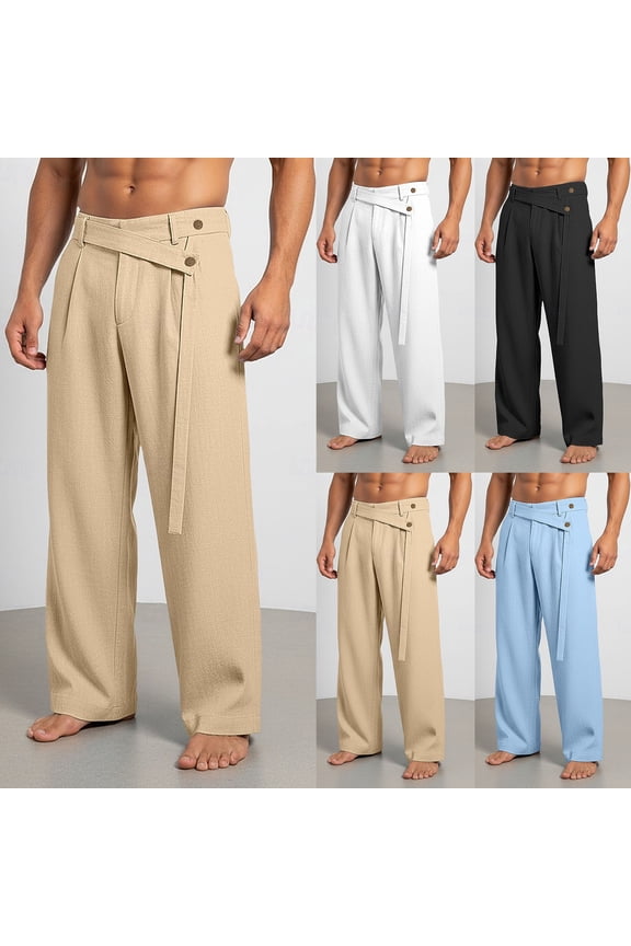 Mens Dress Pants Button Closure Wide Leg Baggy Pants Summer Casual Pleated Slacks Lightweight Work Trousers Khaki L