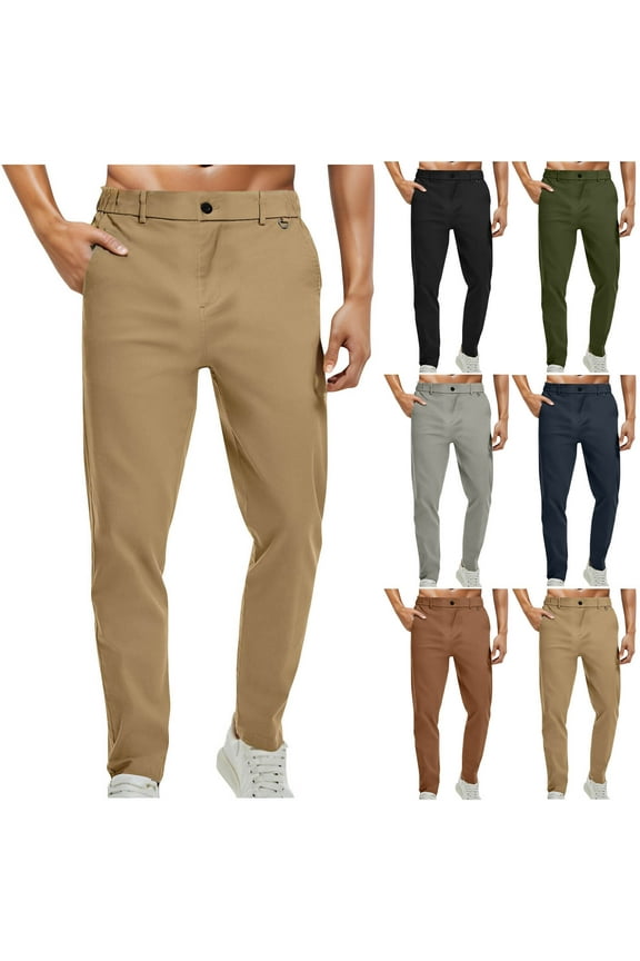 Mens Dress Pants Slim Straight Fit Chino Pants Basic Solid Business Casual Pants Elastic Waist Comfy Trousers with Pockets Army Green M