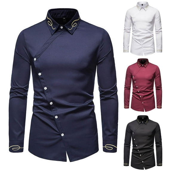 DDAPJ pyju Mens Dress Shirts Asymmetrical Hem Long Sleeve Button Down Shirts Gold Embroidered Luxury Tuxedo Shirt Wrinkle Free Formal Shirts Black XL