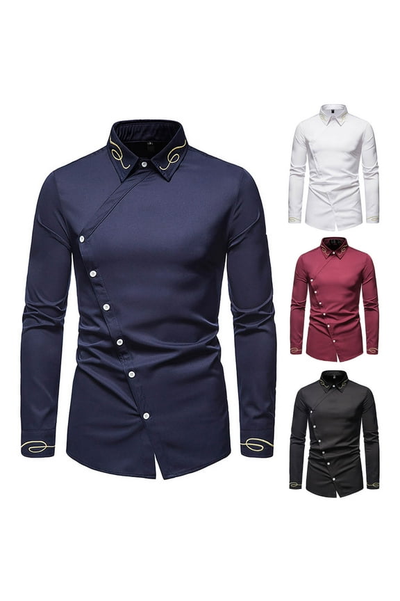 Mens Dress Shirts Asymmetrical Hem Long Sleeve Button Down Shirts Gold Embroidered Luxury Tuxedo Shirt Wrinkle Free Formal Shirts White XXL