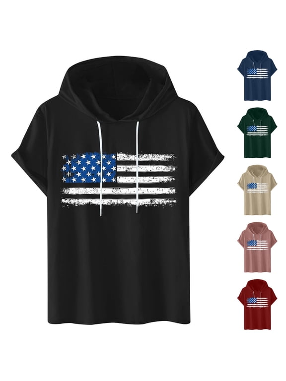 Mens Fashion Athletic Hoodies American Flag Printed Short Sleeve Hooded T-shirts Independence Day Casual Streetwear Tops Red L
