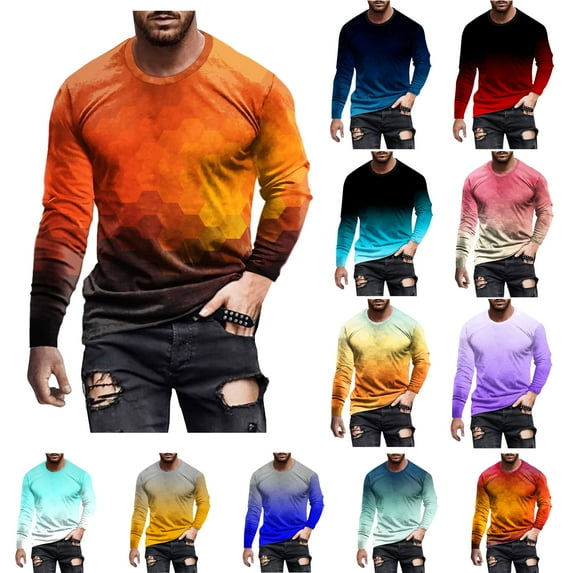 DDAPJ pyju Mens Fashion T-Shirts Long Sleeve Tops Casual Gradient Color Tee Shirt Big and Tall Crewneck Workout Pullovers Lightweight Hiking Running Top Black锛咶riday Wine 5XL