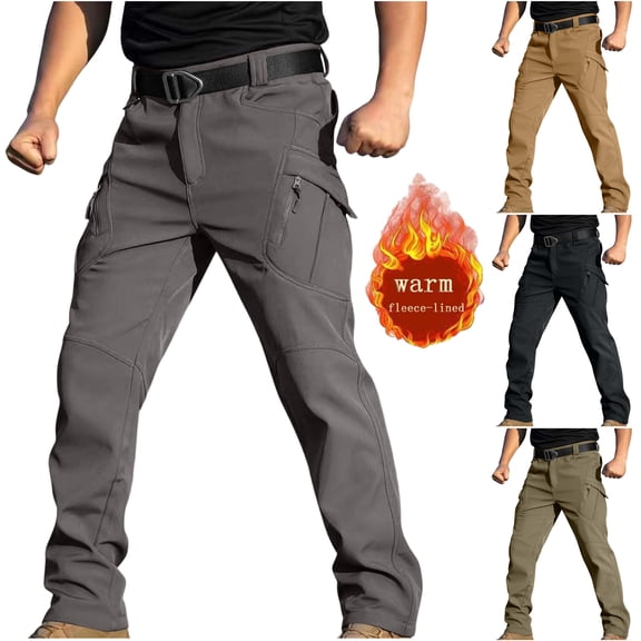 DDAPJ pyju Mens Fleece Lined Cargo Pants Waterproof Hiking Pants Outdoor Snow Ski Fishing Soft Shell Winter Pants with Zipper Pockets Khaki XL