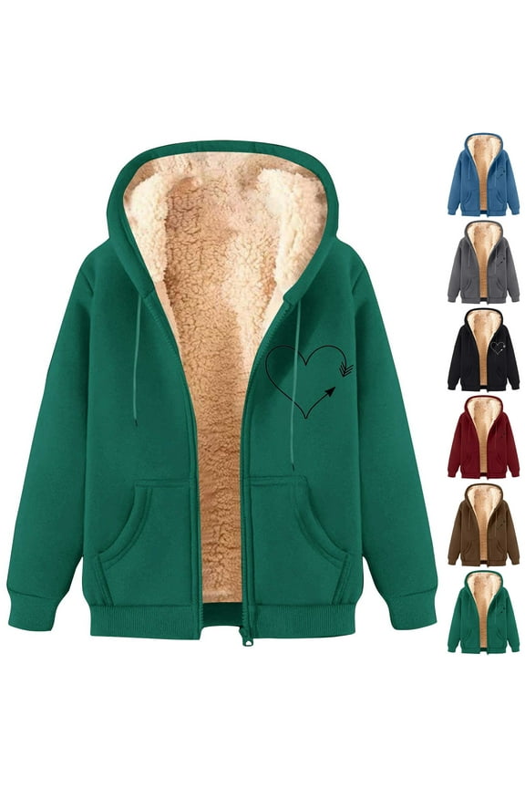 Mens Fleece Lined Jackets Zip Up Sherpa Hoodies Love Heart Graphic Hooded Sweatshirt Jacket Warm Winter Hoodie Coat with Pockets Red L