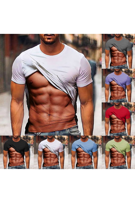 Mens Funny Graphic Tees Fake Muscle Printed T-Shirt Short Sleeve Crew Neck Halloween Tshirt Gray XL