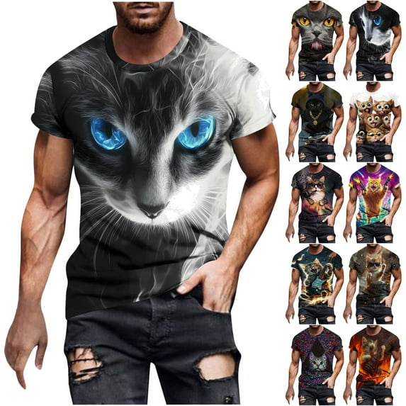 DDAPJ pyju Mens Funny T Shirts Novelty 3D Cat Graphic Tees Big and Tall Round Neck Short Sleeve Tops Liquidación Hoy Prime White S