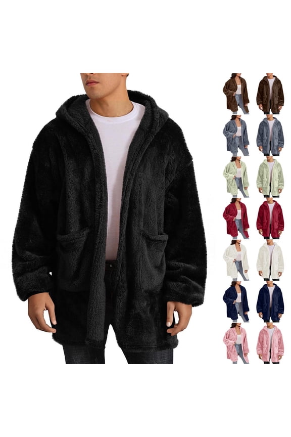 Mens Fuzzy Sherpa Jacket Long Sleeve Fleece Cardigan Coat Fall Winter Warm Hooded Outwear with Pockets White S