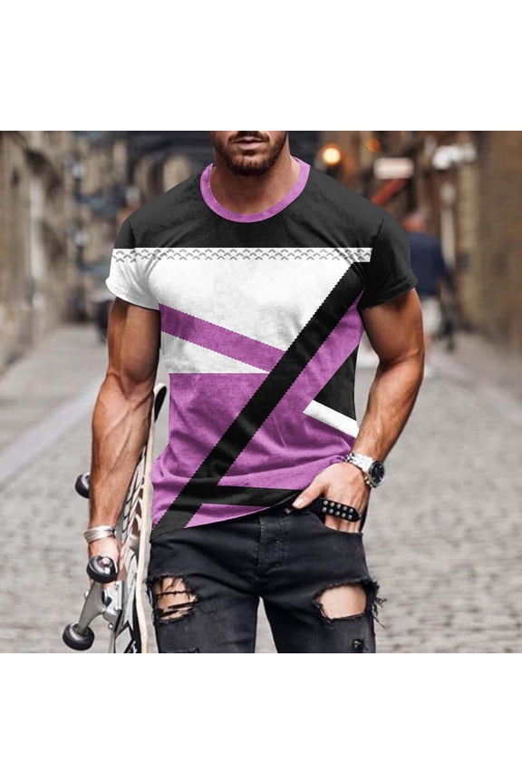 Mens Geometric Print T Shirt Short Sleeve Muscle Shirts Lightweight Workout Graphic Tees Big and Tall Casual Hipster Streetwear Tops Purple XXXL