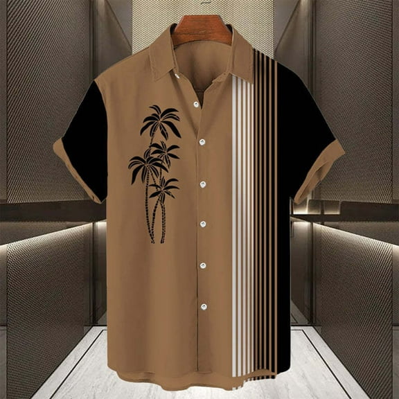 DDAPJ pyju Mens Hawaiian Bowling Shirts Tropical Print Casual Button Down Shirts Short Sleeve Lapel Aloha Shirt Summer Holiday Beach Shirts Brown XL