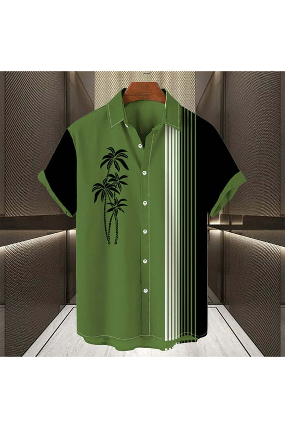 Mens Hawaiian Bowling Shirts Tropical Print Casual Button Down Shirts Short Sleeve Lapel Aloha Shirt Summer Holiday Beach Shirts Green XXL