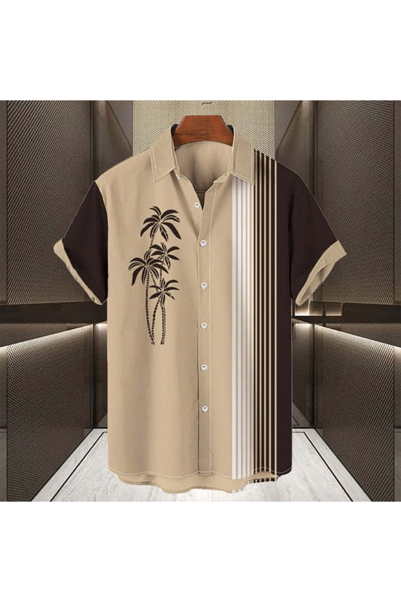 Mens Hawaiian Bowling Shirts Tropical Print Casual Button Down Shirts Short Sleeve Lapel Aloha Shirt Summer Holiday Beach Shirts Khaki XL