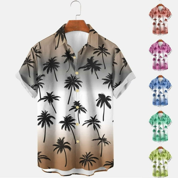 DDAPJ pyju Mens Hawaiian Shirt Palm Tree Printed Short Sleeve Casual Button Down Shirts Tropical Summer Beach Tops Prime Sales Today Brown XXXL