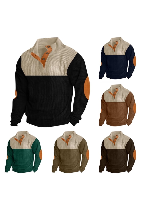 Mens Henley Long Sleeve Corduroy Sweatshirt Casual Elbow Patches Mock Neck Button Pullover Sweater Army Green L