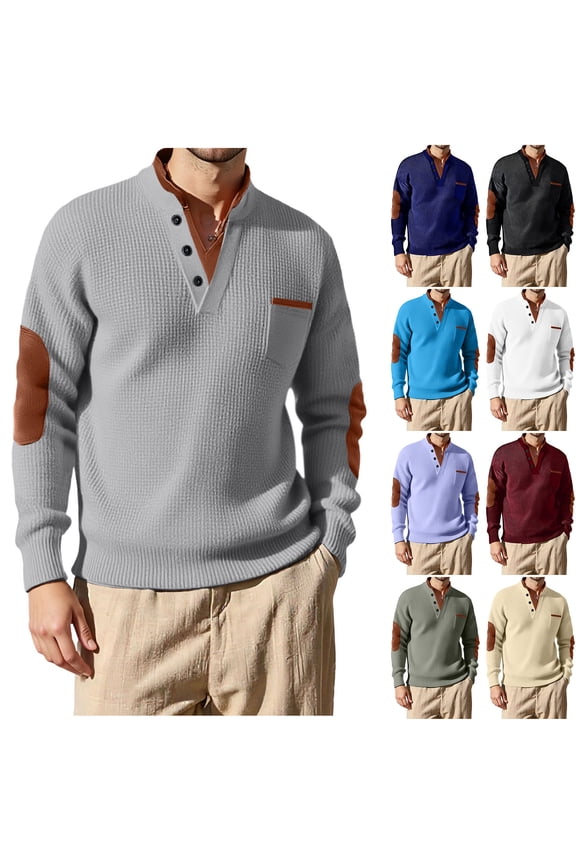 Mens Henley Sweatshirt Waffle Knit Pullover Trendy Casual Long Sleeve Textured Sweatshirts with Elbow Patches Sky Blue L