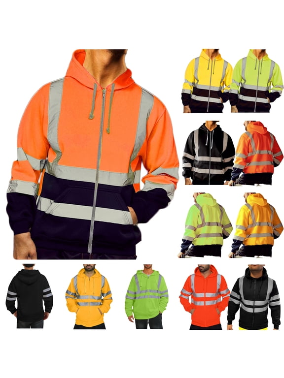 Mens Hi Vis Hoodie Sweatshirts Reflective Zip Up Jackets with Pocket Work Safety Jacket for Construction Worker Yellow XXXXL