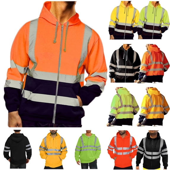 DDAPJ pyju Mens High Visibility Jackets Lightweight Zip Up Hoodies Hi-Vis Safety Hoodie Drawstring Pullover Sweatshirt Reflective Construction Work Jacket with Pockets Black XXL
