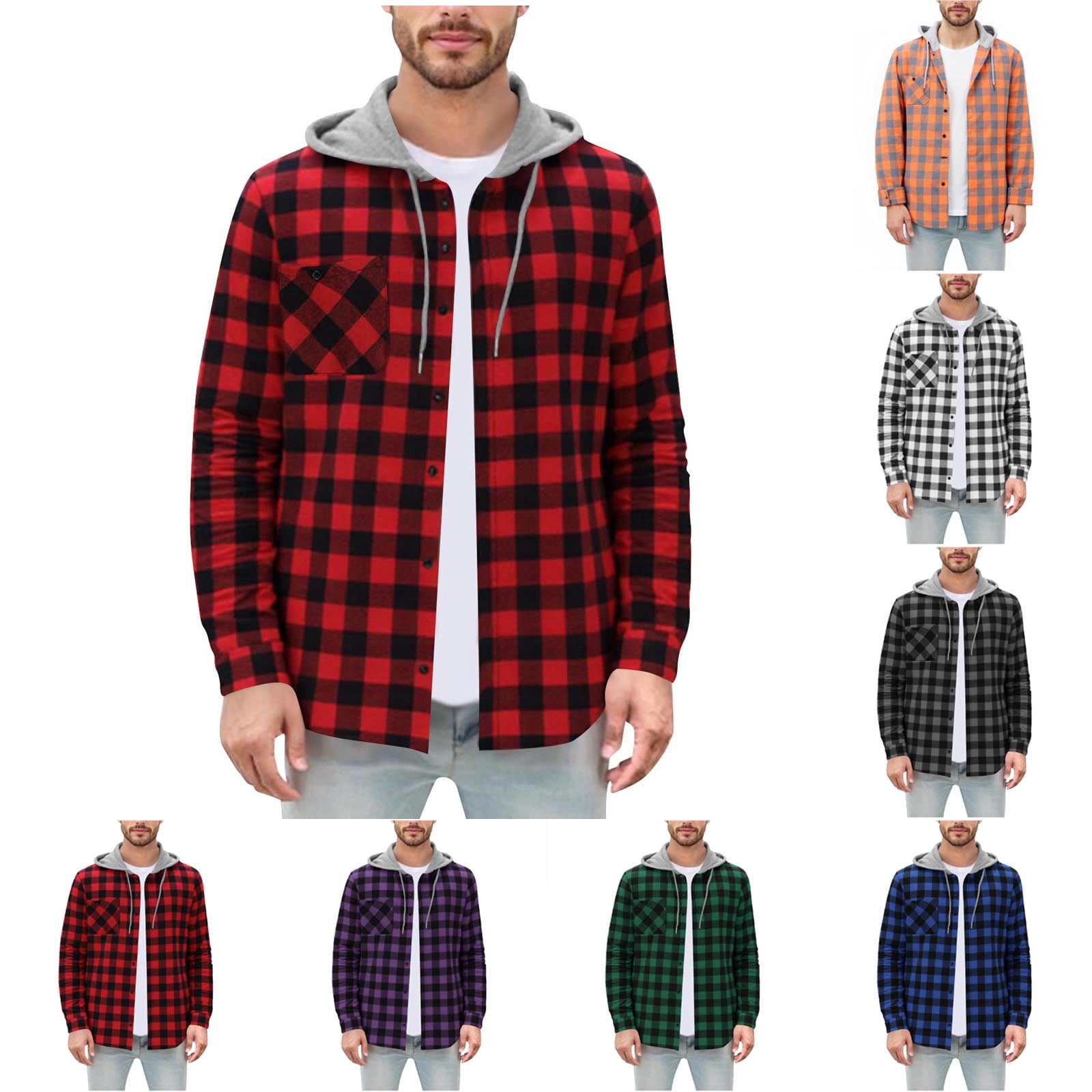 DDAPJ pyju Mens Hoodie Shirts Long Sleeve Button Down Plaid Shirt ...
