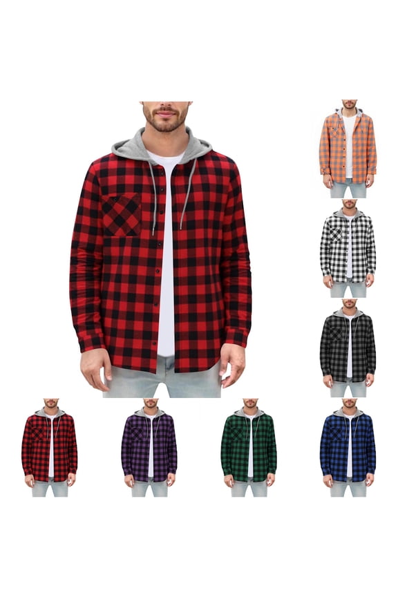 Mens Hoodie Shirts Long Sleeve Button Down Plaid Shirt Jacket Checkered Hooded Shacket with Chest Pocket White XXL